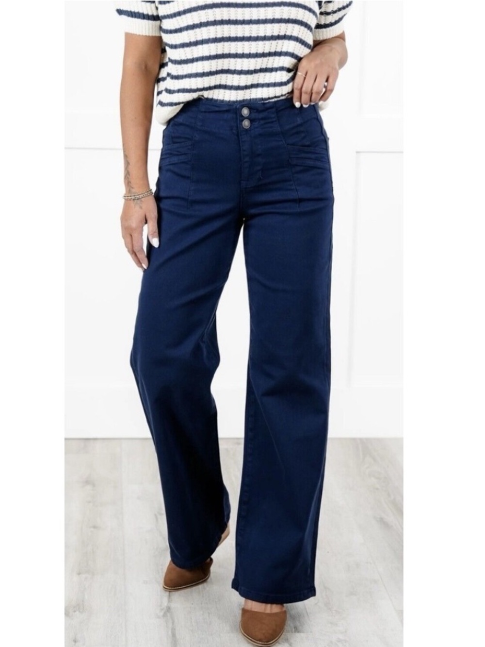NWT Mica Los Angeles Wide Leg Pants Navy Blue High Rise Trouser Women's Size 29.